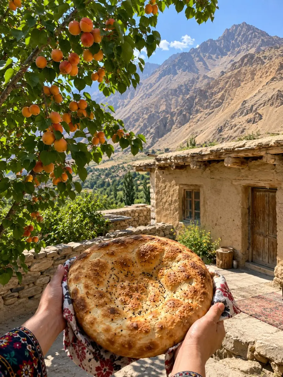 A flat-roofed village house in the Shing valley with an apricot tree and round tandoor bread in the foreground