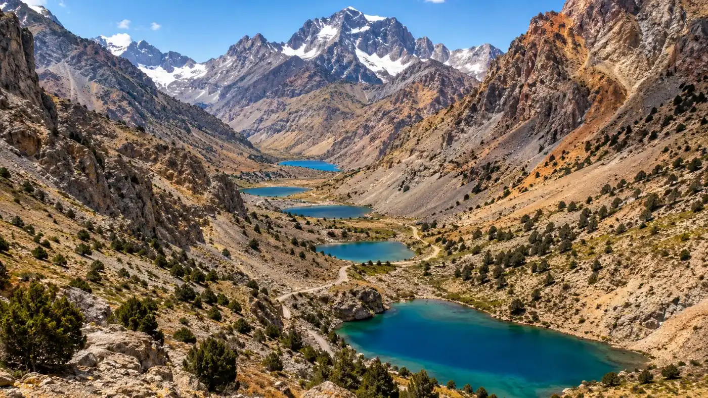 A chain of turquoise lakes stepping up a narrow rocky valley with a dirt road between them
