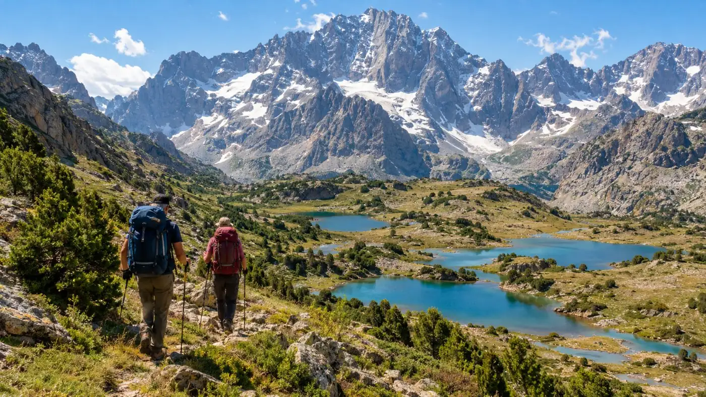 Trekkers on a rocky trail above the Kulikalon lakes below a high grey peak