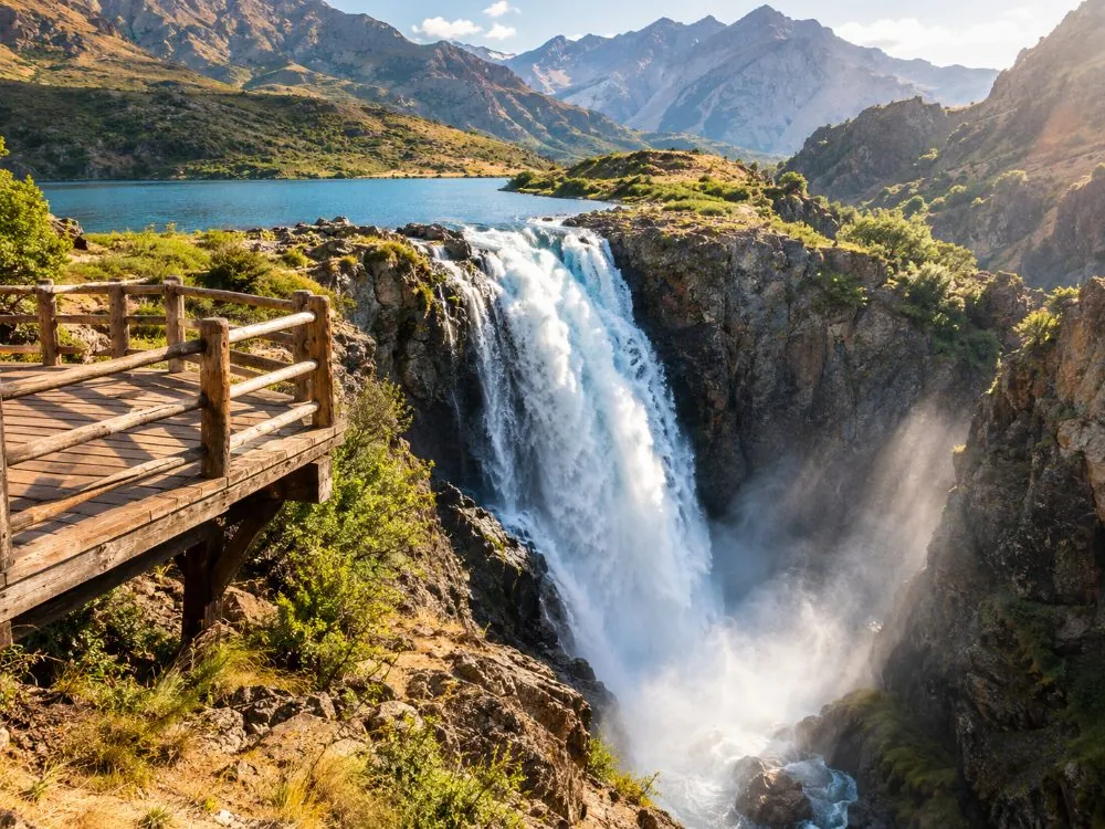 A tall waterfall dropping into a narrow rocky gorge, with a viewing platform on the edge
